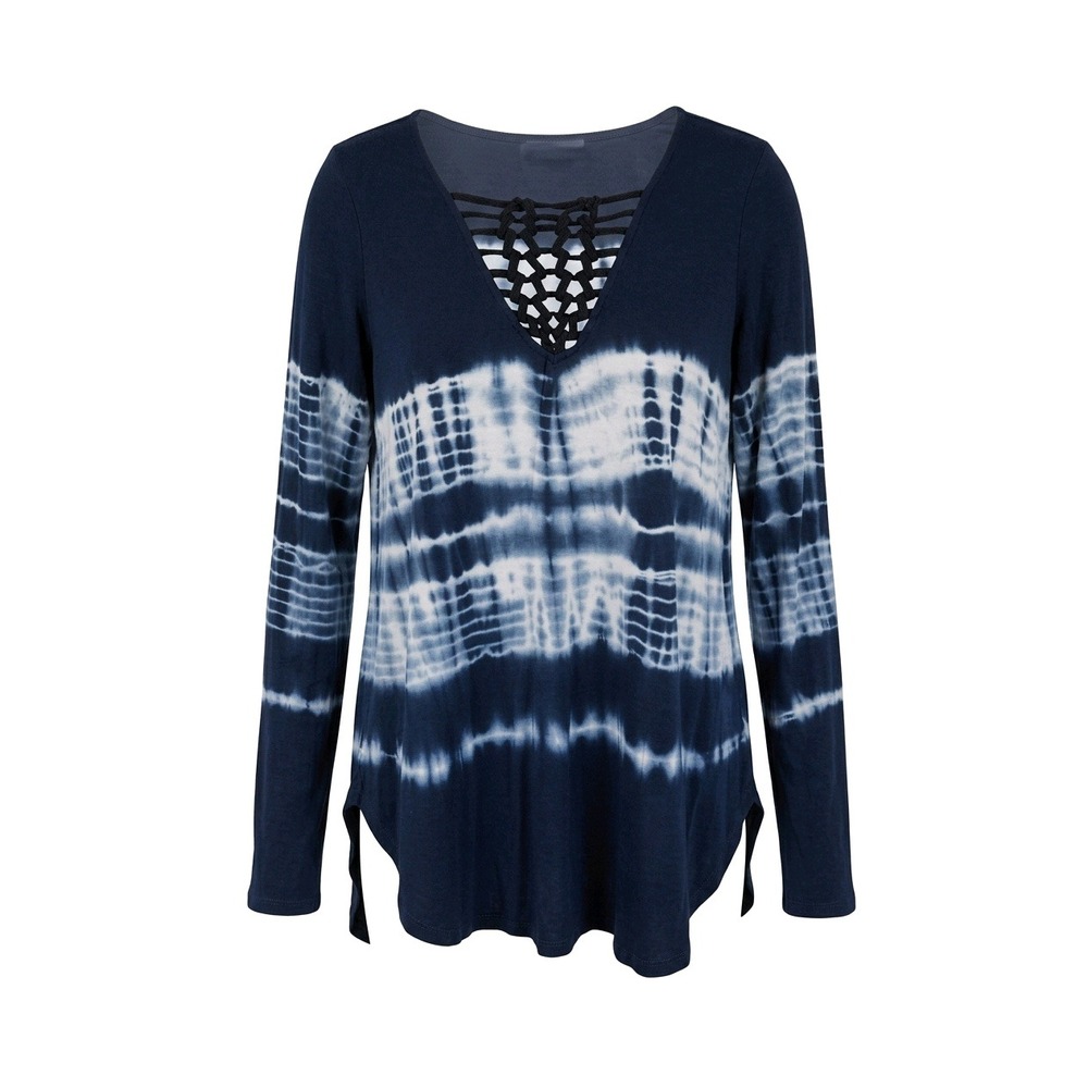 American Eagle Soft & Sexy Tie Dye Lattice V-Neck Long Sleeve Top Navy Blue S